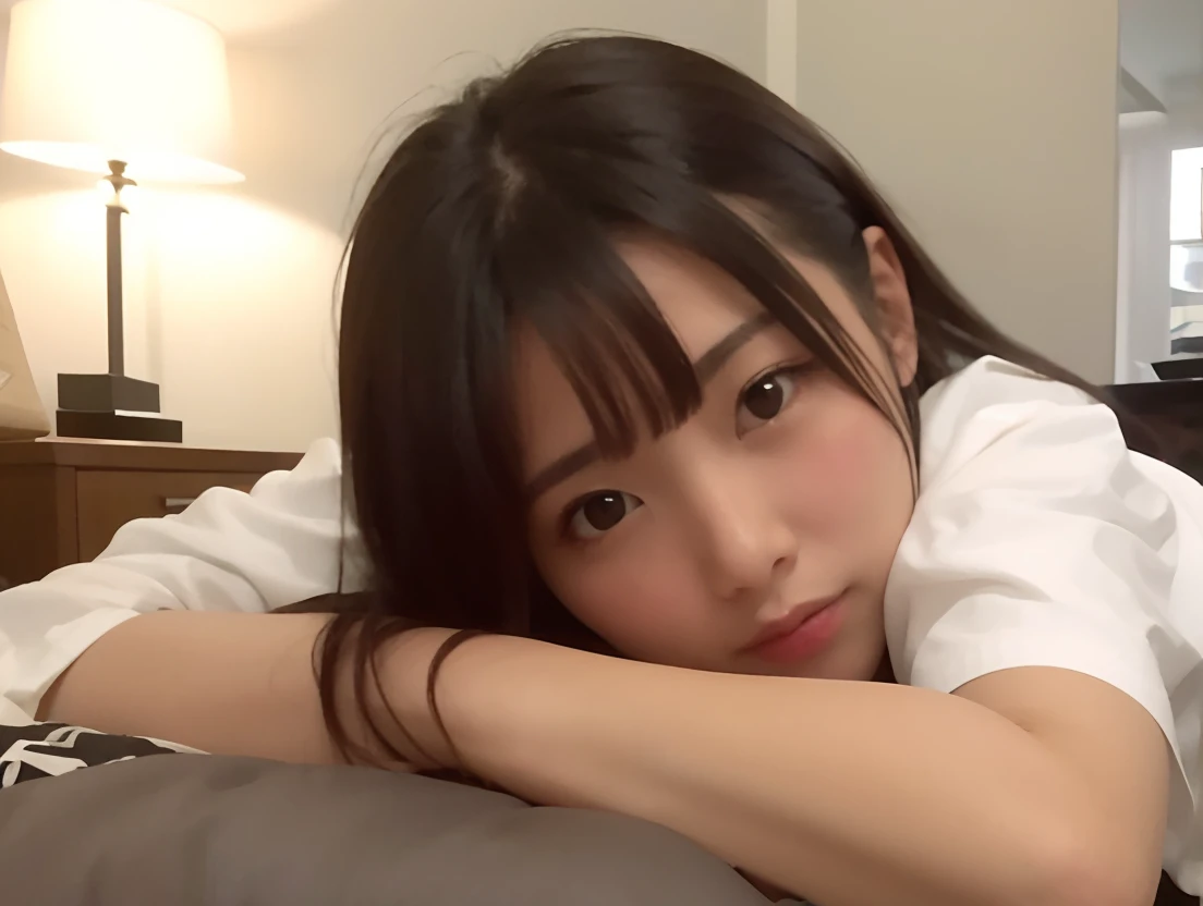 Arab asian woman in white shirt lies, sleepy expression, she is laying on her back, けもの, she has a cute face, chiho, zora々Shishi Japan of Girls, Japanese Models, in a japanese apartment, sleepy, 奈良美智, Japanese, she has a cute expressive face、Being cocked f...