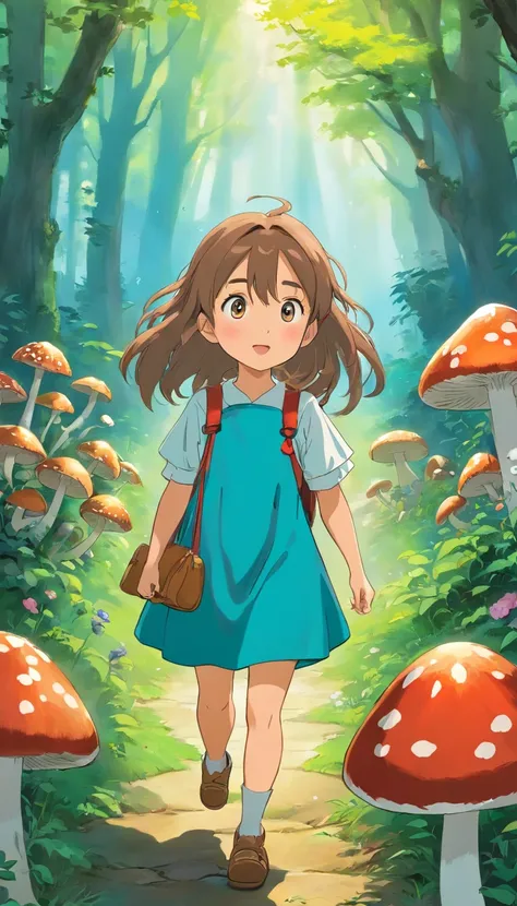 Little girl picking mushrooms，Funny,comical,(Playful),toys,illustration,A high resolution,Vibrant colors,Soft lighting，Random actions，Wear randomly，Random angles，（Exquisitehands:1.5）（Perfect body proportion:1.5）（More refined anime eyes:1.5）Random long hair...