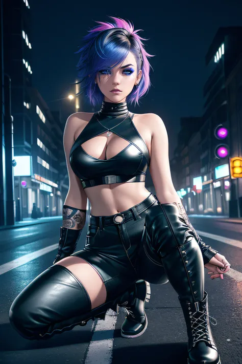 beautiful girl, full body, short bright blue dishevelled hair, black eyeshadow, (street style wear:1.2), ((tight fitted pants)), ((knee high leather boots)), (city night background:1.2), dark makeup, digital art, trending on artstation, highly detailed, fi...