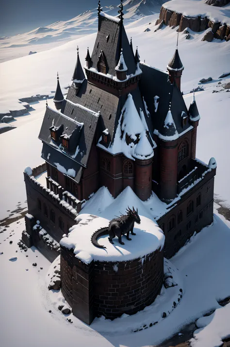 black dragon, sitting on a snow covered castle ruin, oil painting, concept art, traditional painting, ultra-realistic, highly detailed, soft shadows, +4k +uhd +cinematic, --ar 16:9 --test –creative