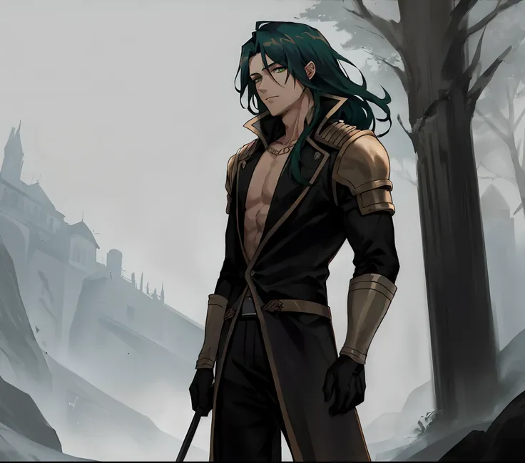 Male, attractive, anime, long dark hair, green eyes, suit, fantasy setting