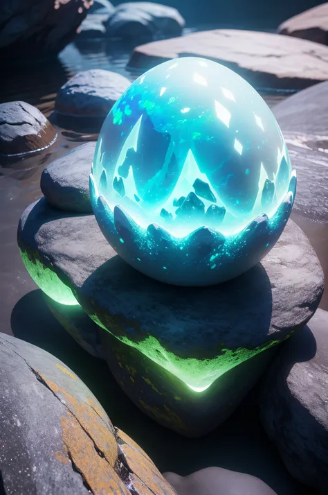 masterpiece, beautiful opal-like dragon egg on rock, glowing subsurface, cinematic lighting,