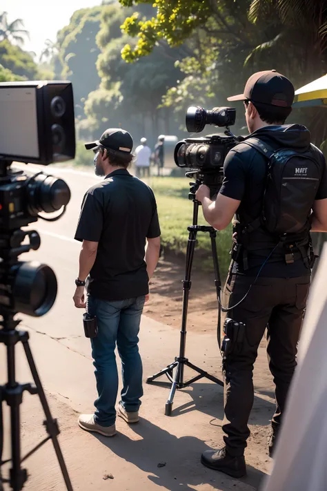 equipe de cinema no set gravando um filme