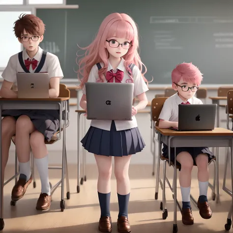 A pink-haired girl who wears glasses and school uniforms too small for her size and the girl has a laptop and an animated brown-haired boy who are in a huge classroom