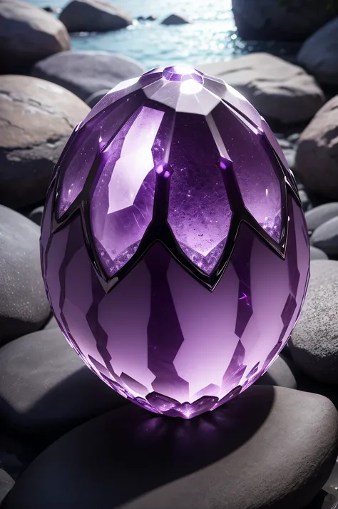 Meisterwerk, Beautiful amethyst-like dragon egg on rocks, Glowing substrate, Filmische Beleuchtung,