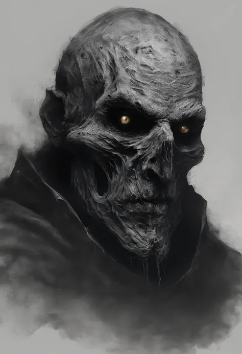 waist up, very old, half of the face deformed and melted, tall, two meters, black aura, scary, dirty, beggar, short gray hair, pale and wrinkled skin, sparse beard, yellowish pupils, hunched posture, penetrating and evil, torn clothes, cloak of raven feath...