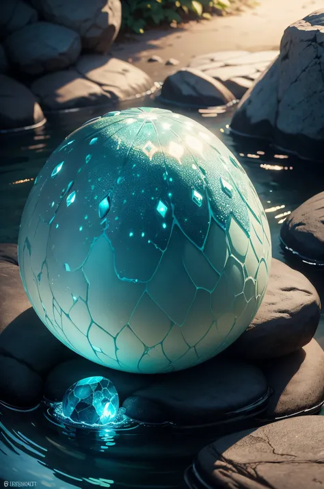 Meisterwerk, Beautiful water-like dragon egg on rocks, Glowing substrate, Filmische Beleuchtung,