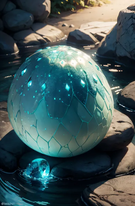 Meisterwerk, Beautiful water-like dragon egg on rocks, Glowing substrate, Filmische Beleuchtung,