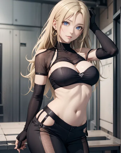 winryrockbell, winry rockbell, Beautiful eyes, blondehair, BREAK gloves, Navel, cleavage, Bare shoulders, 鎖骨, earrings, Midriff, Pants, Stomach, Bare arms, Strapless, bandana, Bandeau, Tube Top, grey gloves, Break indoors, BREAK looking at viewer, BREAK (m...