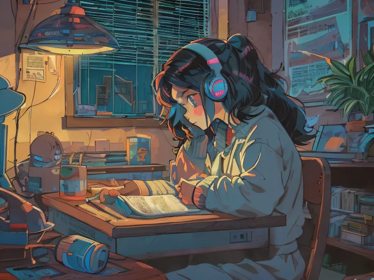 (Lofi), A girl studying on the table in her room, reading a book, wearing glass, wearing a head phone, 1970 indoor materials, night light, raining outside,analog color theme, Lo-fi hip hop , retro, flat, 2D , simple drawing, simplify line art, ink drawing,...