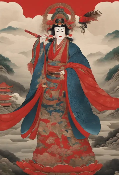 Japanese Mythology,a Tengu warrior, Tengu japan Guanyin, Inspired by India, sugegasa,hat sugegasa, red mask, long nose, together nose, serene expression, Shui Mo Hua, lotus, Chinese painting style, Thangka style