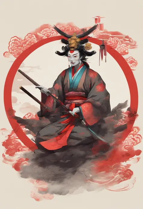 Japanese Mythology,a Tengu warrior, Tengu japan Guanyin, Inspired by India, sugegasa,hat sugegasa, red mask, long nose, together nose, serene expression, Shui Mo Hua, lotus, Chinese painting style, Thangka style