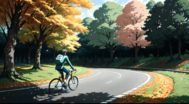 (cycliste seul: 1.5), (Realistic bike: 1.5), (realistic cyclist: 1.5), (automne: 1.5), Plan en gros plan, Le meilleur des meilleurs, orange leaves, nature, ambiance Landscaped background, ombres, contraste, Makoto Shinkai (beste-Qualit:1.3), (high resoluci...