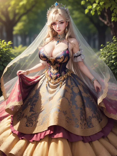 ((anime artstyle)),(Masterpiece),(Best Quality), (Super Detail),((Very Delicate and Beautiful)),cinematic lighting,1 lady,((full body portrait)),((standing in garden)),((solo)),(((1 princess in beautiful embroidery and jeweled and Brocade extremely gorgeou...