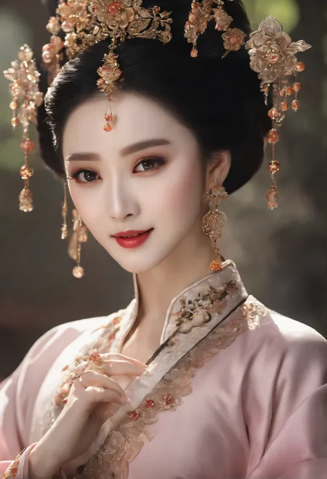 Best quality, Masterpiece, A high resolution, 1girll，fanbingbing,Blush,(Seductive smile:0.8),Star-shaped pupils,China Hanfu,hair adornments,necklace, jewelry,Beautiful face,after sexing_Body, Tyndall effect,Photorealistic, Dark Studio, rim lit, twotoneligh...