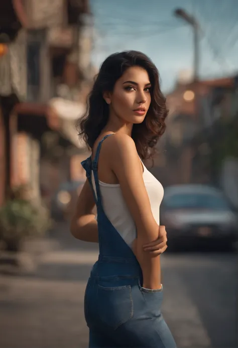 a photo of pho3b3cat3s, beautiful woman, ((24 years old)), street, tshirt, denim overalls, 1980s, retro, long wavy dark hair ponytail, (masterpiece), (extremely detailed CG unity 8k wallpaper), Intricate, ((photorealistic)),