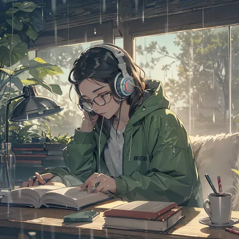 ((lo fi music for study: 1.3) +(japanese aesthetic: 1.1))e(auto-estudo:0.9),Minimalista, Ambiente, cores silenciadas,peaceful, Relaxed, aconchegante,calmo,ritmo lento,conducive for concentration,reconfortante, night time, livro aberto, coffee cup, desk lam...