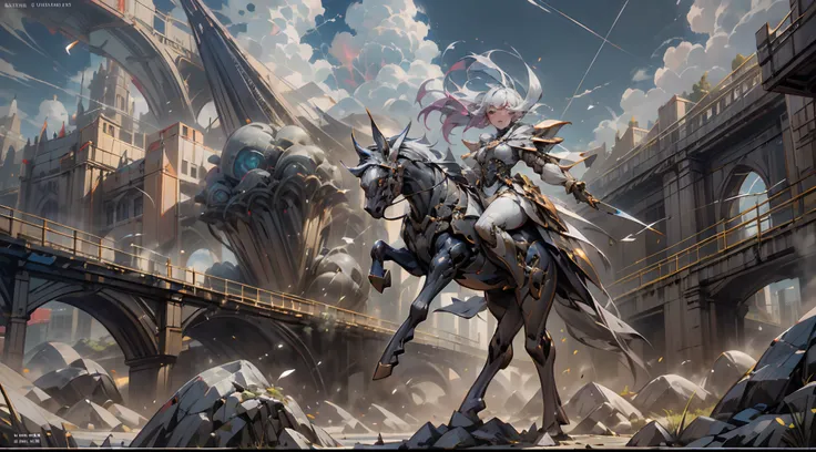 Many giants、raid、battle field、(Background with　Colorful fireworks:1.2),Viola、mountain ranges、pegasus、Near future、ciber、sea of clouds、the morning sun、wanting、grand、(1womanl:1.2),Biomechanical cyborg,Giant Swing、(Fly over the mountains),devastated,Shining We...