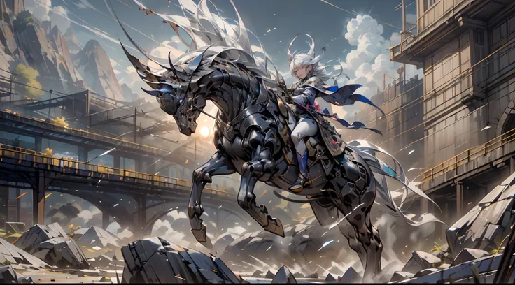 Many giants、raid、battle field、(Background with　Colorful fireworks:1.2),Viola、mountain ranges、pegasus、Near future、ciber、sea of clouds、the morning sun、wanting、grand、(1womanl:1.2),Biomechanical cyborg,Giant Swing、(Fly over the mountains),devastated,Shining We...