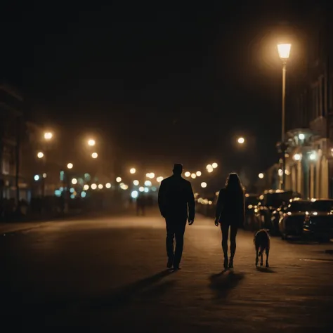 silhouette of one man watching one girl walk away, heartbroken, night time