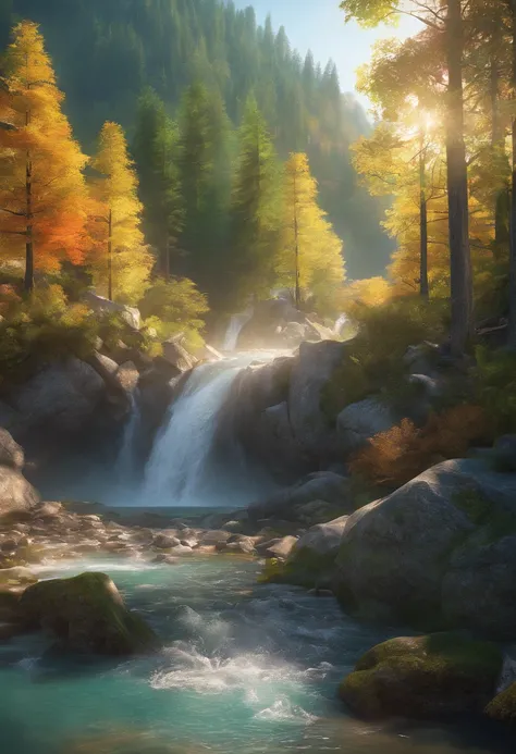 forests in the mountains, fast rivers, waterfalls, bright daylight