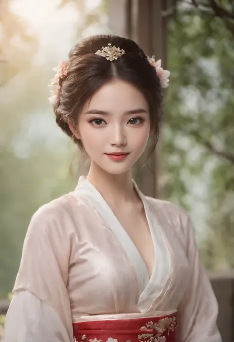 Best quality, Masterpiece, A high resolution, 1girll,Blush,(Seductive smile:0.8),Star-shaped pupils,China Hanfu,hair adornments,necklace, jewelry,Beautiful face,after sexing_Body, Tyndall effect,Photorealistic, Dark Studio, rim lit, twotonelighting,(highde...