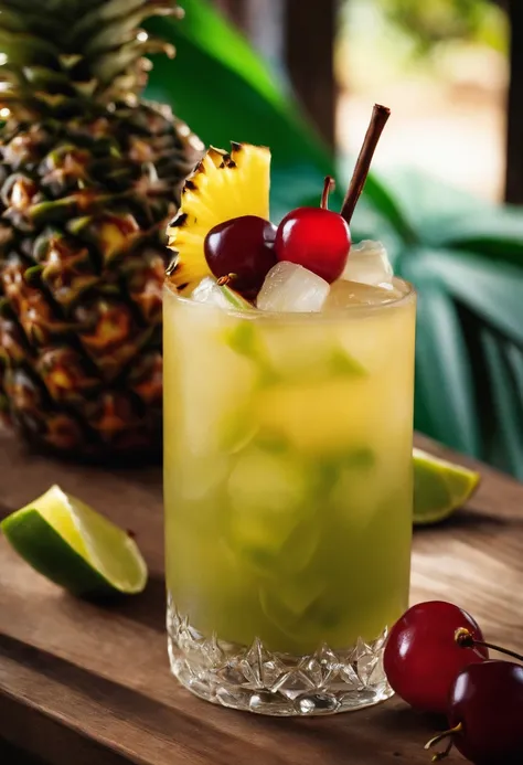 Fazer uma imagem de uma caipirinha de abacaxi, decorated with a piece of pineapple and cherry, in a rustic setting