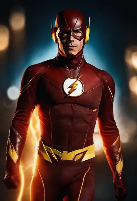 The flash correndo, full body com efeitos de raio bioluminescentes vermelhos e amarelos