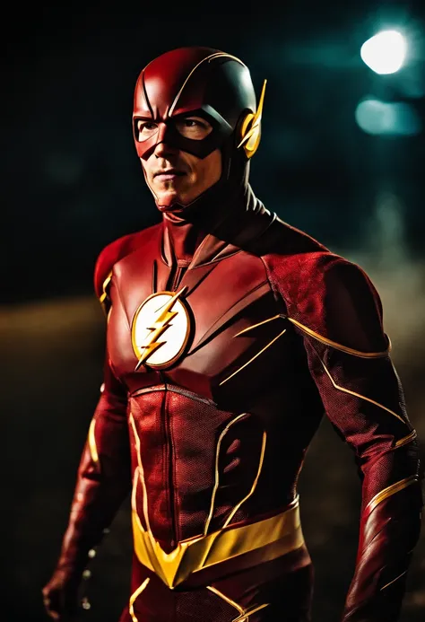 The flash correndo, full body com efeitos de raio bioluminescentes vermelhos e amarelos