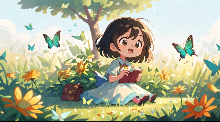 High Detail, Ultra Detail, 8K, Ultra High Resolution A cute and innocent girl, child, toddler, enjoying her time in the open field, surrounded by the beauty of nature, warm sun sprinkling on her, wildflowers gently swaying in the breeze. Butterflies and bi...