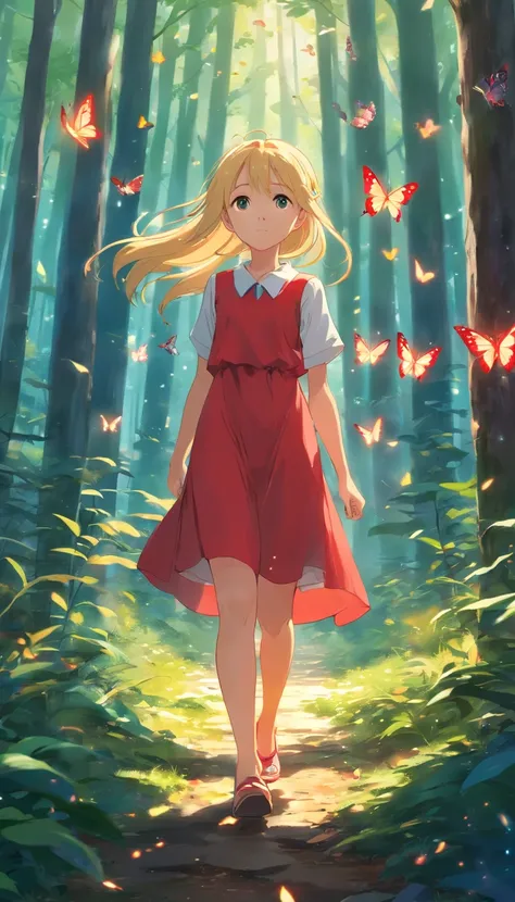 Little cute 12 years old belarus girl slavena petrova with red dress and long blonde hair walking in an enchanted forest, surrounded by butterflies, lateral shot