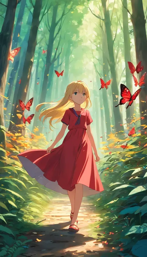 Little cute 12 years old belarus girl slavena petrova with red dress and long blonde hair walking in an enchanted forest, surrounded by butterflies, lateral shot