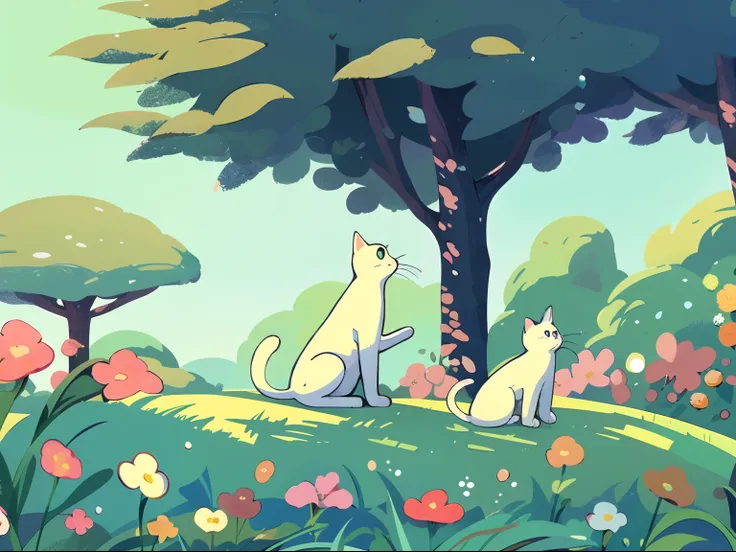 there is a white cat sitting on the green grass, lovely art style, soft anime illustration, 、voice, kawaii cat, white cat, anime...