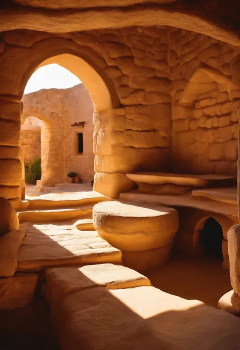 ancient hebrew house, light colors, stone and wood, beautiful