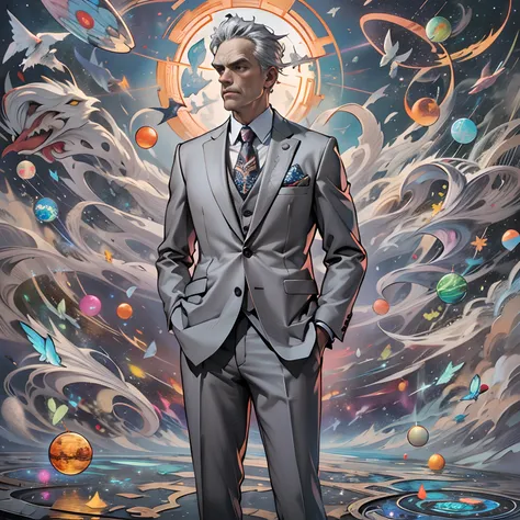 Jordan peterson wear suit，Stand on the edge of the dream space, eyes glowing, grey suit, Surreal scenes filled with symbols and patterns of various wisdom , ,in the style of the stars art group xing xing, 32K, Best quality, Masterpiece, Super detail, High ...