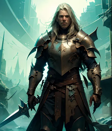 a paladin, thin, tall, long gray hair, white armor, deep and empty gaze, Dark Aesthetics, 80s year, RPG.