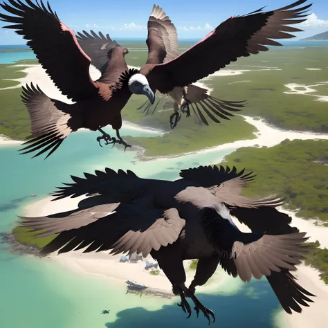 A group of vultures arrived on an island flying.