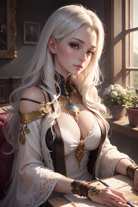 (highres:1.2),ultra-detailed,realistic oil painting of a mature milf named Illyasviel von Einzbern. She has stunning white hair that flows down her back, adding an ethereal touch to her appearance. The painting showcases her full body, capturing her elegan...