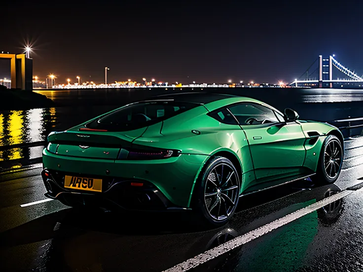 aston martin vantage at night while its raining in a city