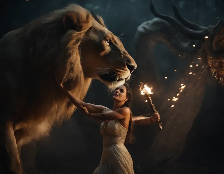 an beautiful goddess fighting a sacred beast