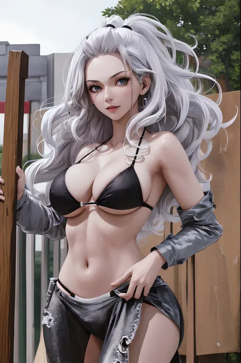 masterpiece, best quality, highres, Amira, long hair, in front of your bangs, white hair, extremely big boobs, black bikini, cowboy shot, standing, outdoors, bar,  shy, detailed face, detailed fingers, high quality