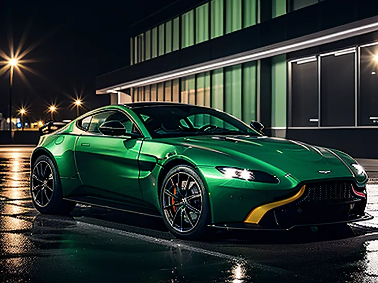 aston martin vantage at night while its raining in a city