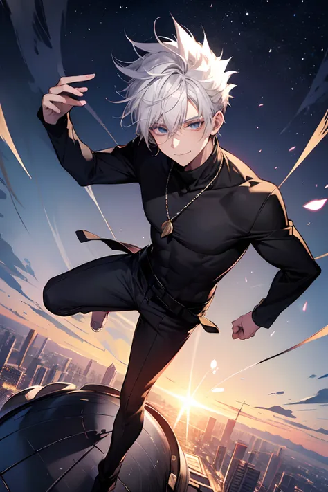 Male one，Gojo Gojo，white  hair，spiked hair，Long bangs，Lunette de soleil，Plain black attire with loose turtleneck，Good style，twinks，a smile，Floating in the air，From above the camera，You can see the cityscape below，