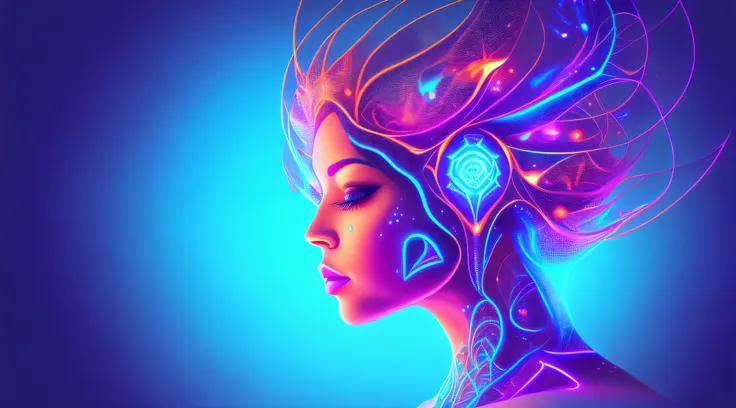 a digital painting of a womans face, intricate neon circuit pattern, poly low contours, avatar image, brandon woelfel, neural machine, intricate led jewelry, DNA threads, grid and web, side profile art, a digital painting of a woman with shiny hair, neon o...