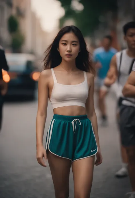 Fille de 15 ans, Korean girl wearing sports shorts, crop top, tres grosse poitrine, rue, overcrowded people, accentuation cuisses, Bokeh, realistic lighting, photo realist, Cinematic color calibration, High-quality 8K photo, ultra high quality, Realstic