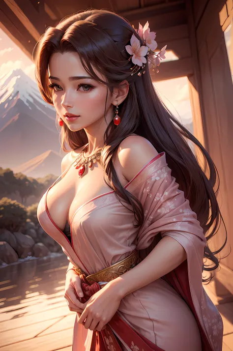 (highres, ultra-detailed, realistic:1.37), aerith, final fantasy, beautiful body, beautiful detailed eyes, detail-oriented nose, luscious red lips, long flowing hair, radiant smile, royal attire, intricate jewelry, graceful pose, enchanting expression, mou...