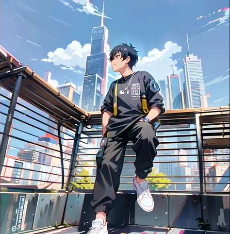 anime boy sitting on a ledge with a city in the background, high quality anime artstyle, modern anime style, anime style 4 k, handsome anime pose, anime artstyle, very modern anime style, epic anime style, anime style illustration, 4k anime wallpaper, digi...