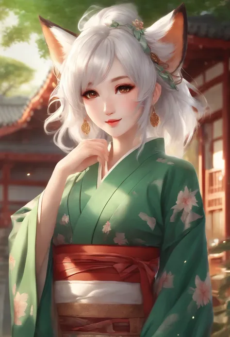 a happy beautiful white-haired anime fox girl wearing green kimono, wavy hair, anime, beautiful face, portrait, soft lighting, blur, flare, detailed accessories, graceful pose, detailed face, detailed kimono, detailed Japanese building background, hyperdet...