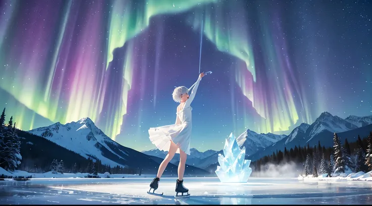 ((Best Quality, 8K, Masterpiece: 1.3)), landscape, frozen, frozen lake surrounded by mountains, morning shoot, star trail, aurora, girl with short hair ice skating, thights, white skirt, ice skating, skate trail, shadow, graceful, happy, look at the sky, v...