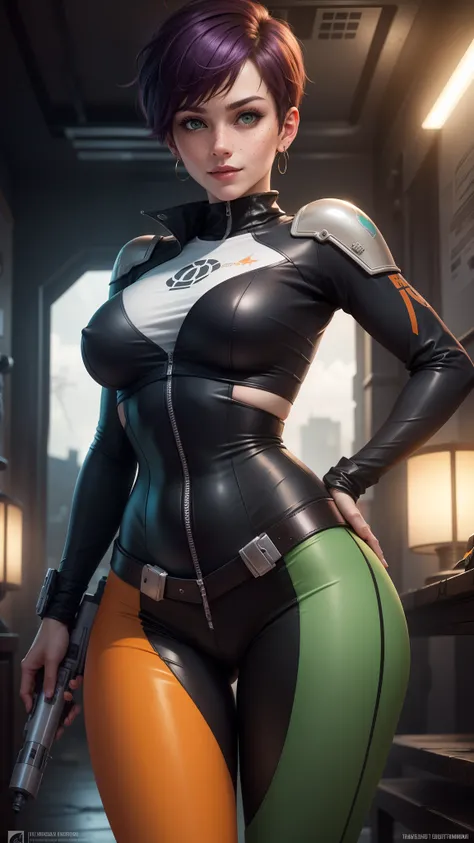 gwen tennyson,tracer,bulma,rebecca chambers,overwatch,1girl,sunny,close up,cyberpunk city,space ship,planet, mandalorian,military uniform,bounty hunter gear,green long sleeve lycra top,military leggings,short hair,silver earrings,night gown,holding a blast...